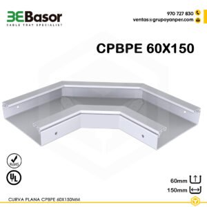 Alt text: Curva plana CPBPE 60×150 mm Ref. 210090, accesorio en PVC M1 UV para bandejas exteriores, ancho 150 mm, altura 60 mm.