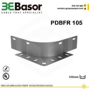 Pieza de derivación PDBFR 105 225033 para bandeja rejilla BASORFIL, accesorio electrozincado (EZ) que permite crear derivaciones en sistemas de bandeja, con alta fiabilidad estructural.