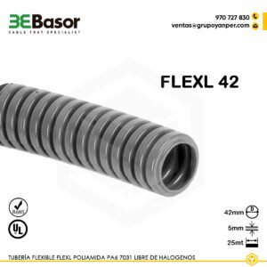 Alt text: Tubería flexible FLEXL 42 mm PA6 7031 libre de halógenos, referencia 206524, peso 0,16 kg/m.