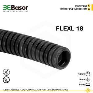 Alt text: Tubería flexible FLEXL 18 mm PA6 9011 libre de halógenos, referencia 206529, peso 0,04 kg/m.