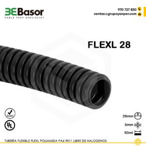 Alt text: Tubería flexible FLEXL 28 mm PA6 9011 libre de halógenos, referencia 206531, peso 0,08 kg/m.
