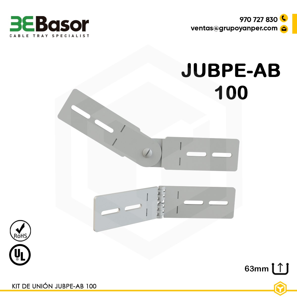 KIT-UNIÓN-JUBPE-AB-100-BASOR Kit unión JUBPE-AB 100 en PVC M1 UV para bandejas exteriores BPE H60, altura 63 mm, referencia 223614, peso 0,36 kg/m.