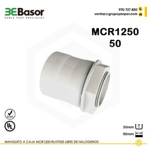 Alt text: Manguito a caja MCR1250 50 en PVC LRH7035 libre de halógenos para tubos R1250, referencia 206751, peso 0,090 kg.