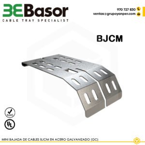 Mini bajada de cables BJCM GC Ref. 209807, accesorio compacto en acero galvanizado en caliente (GC) para derivación de cableado en bandejas rejilla, peso aproximado 0,15 kg/m.