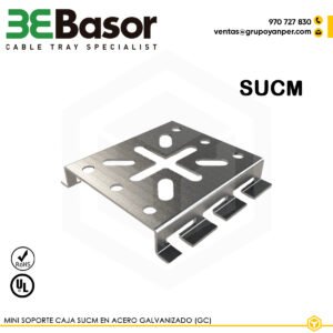 Mini soporte caja SUCM GC Ref. 200369, accesorio compacto en acero galvanizado en caliente (GC) para fijar cajas sobre bandejas rejilla, peso aproximado 0,12 kg/m.