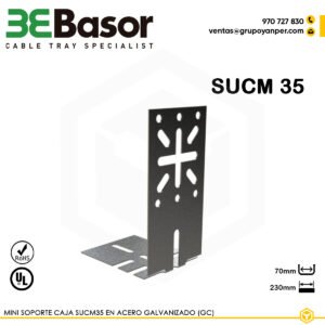 Mini soporte caja SUCM35 GC Ref. 207256, accesorio compacto en acero galvanizado en caliente (GC) para fijar cajas de conexión en bandejas rejilla, ancho 70 mm, largo 230 mm, peso 0,12 kg/m.
