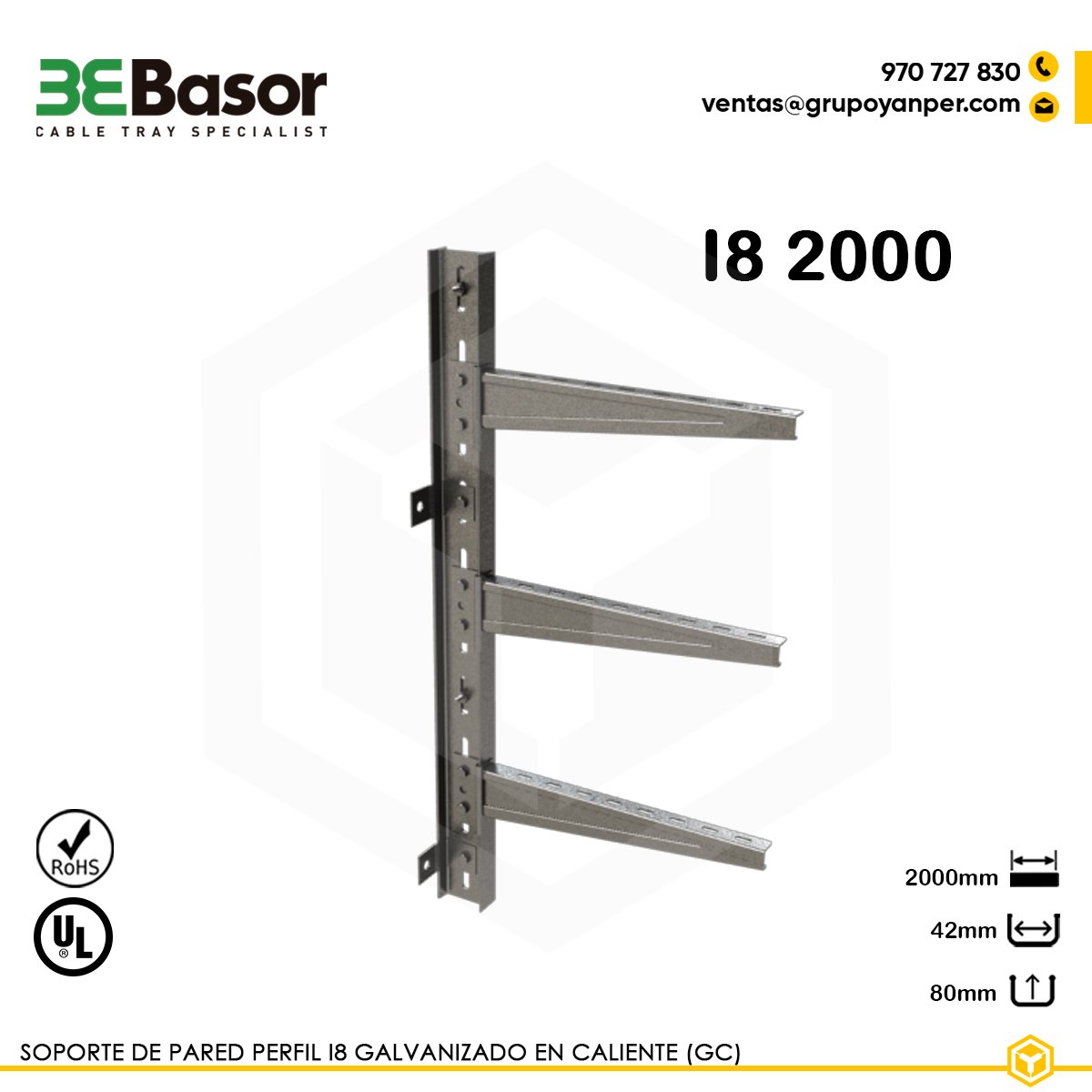 PERFIL-I8-2000-BASOR Alt text: Perfil I8 2000 GC Ref. 206349, perfil metálico en acero galvanizado en caliente, longitud 2000 mm.