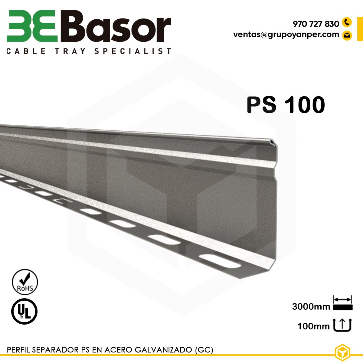 PERFIL-SEPARADOR-PS100-BASOR Perfil separador PS 100 GC Ref. 203482, en acero galvanizado en caliente, altura 100 mm, largo 3000 mm, peso 0,62 kg/m.