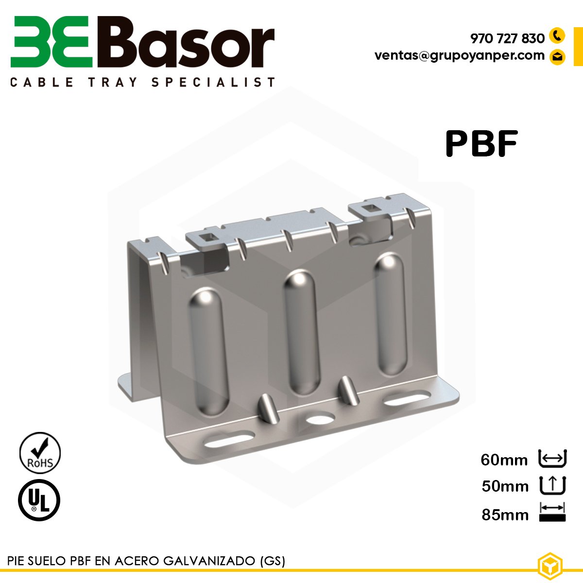 PIE-SUELO-PBF-BASOR Pie de suelo PBF GS 205590 para bandeja rejilla BASORFIL, soporte en acero galvanizado (GS) con dimensiones 60 × 50 × 85 mm y peso de aproximadamente 0,13 kg por unidad.