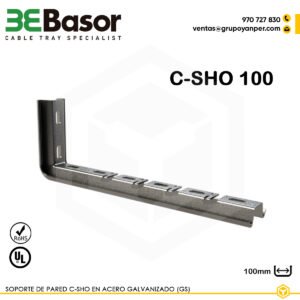 Soporte pared C-SHO100 GS Ref. 207230, soporte mural en acero galvanizado de 100 mm de longitud, diseñado para fijación segura de bandejas portacables en paredes y bóvedas.