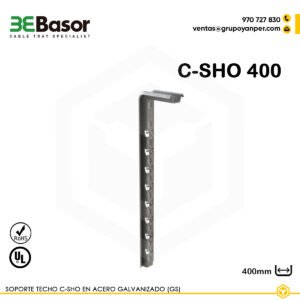 Soporte techo C-SHO 400 GS Ref. 207234, soporte mural tipo L en acero galvanizado (GS), longitud 400 mm, con ranuras y doble encastre, para fijación de bandejas portacables desde techo.