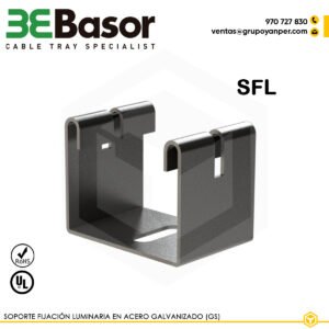 Soporte fijación luminaria SFL GS Ref. 205906, accesorio en acero galvanizado (GS) diseñado para montar luminarias sobre bandejas rejilla, peso aproximado 0,30 kg/m.