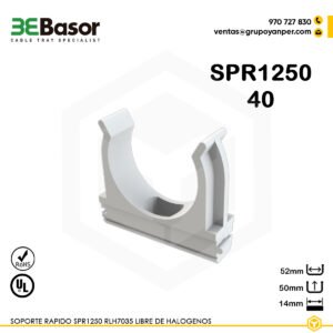 Alt text: Soporte rápido SPR1250 40 en PVC LRH7035 libre de halógenos para tubos R1250, referencia 206757, peso 0,012 kg.