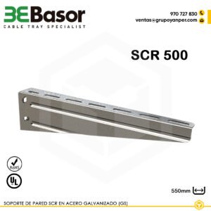 Alt text: Soporte pared SCR500 GS Ref. 200999, en acero galvanizado, longitud 550 mm, diseñado para fijación mural de bandejas portacables.