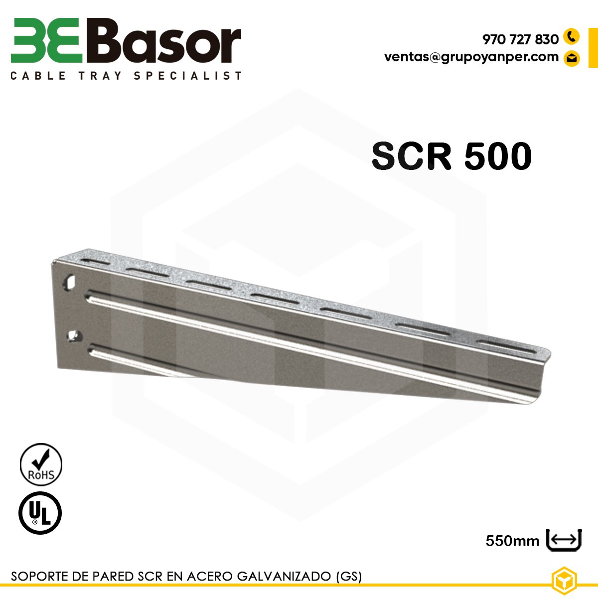 SOPORTE-SCR-500-BASOR Alt text: Soporte pared SCR500 GS Ref. 200999, en acero galvanizado, longitud 550 mm, diseñado para fijación mural de bandejas portacables.