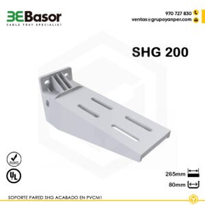 Alt text: Soporte pared SHG 200 Ref. 210013 en PVC M1 UV, longitud 265 mm, peso 0,34 kg.