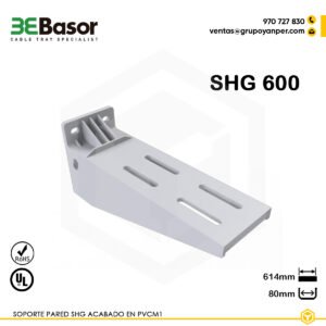 Alt text: Soporte pared SHG 600 Ref. 210016 en PVC M1 UV, longitud 614 mm, peso 1,1 kg.