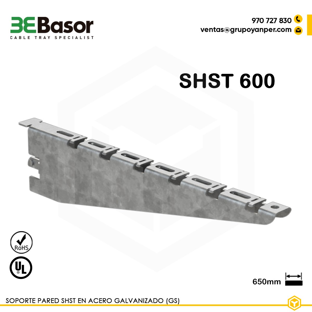 SOPORTE-SHST-600-BASOR Alt text: Soporte pared SHST 600 GS Ref. 214495, acero galvanizado, longitud 650 mm, cartela con ranuras y orificio frontal.