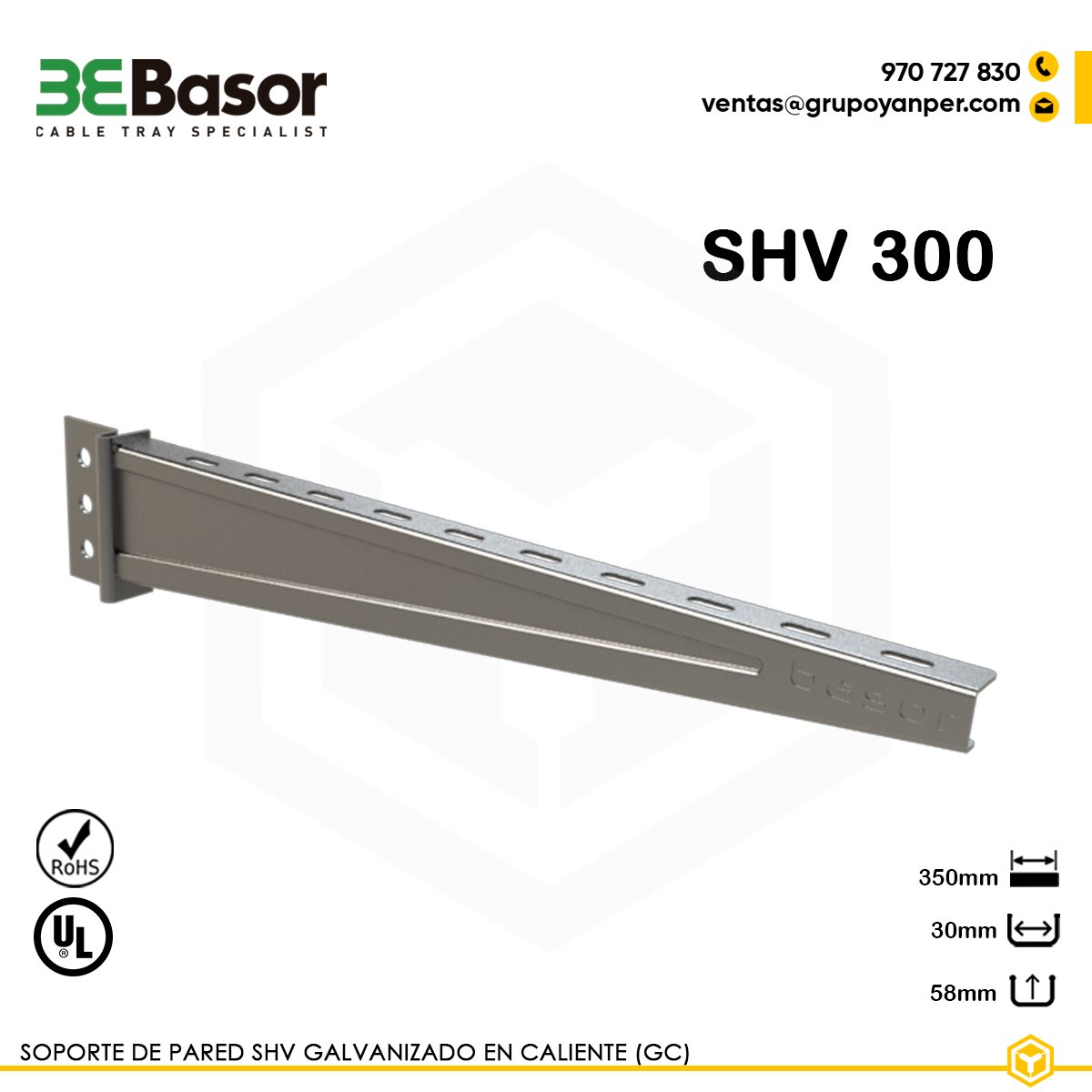 SOPORTE-SHV-300-BASOR Alt text: Soporte pared SHV 300 GC Ref. 206271, acero galvanizado en caliente, longitud 350 mm, perfil ranurado 41×41 mm.