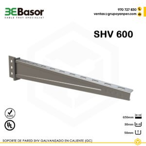 Alt text: Soporte pared SHV 600 GC Ref. 206275, acero galvanizado en caliente, longitud 650 mm, perfil ranurado 41×41 mm.