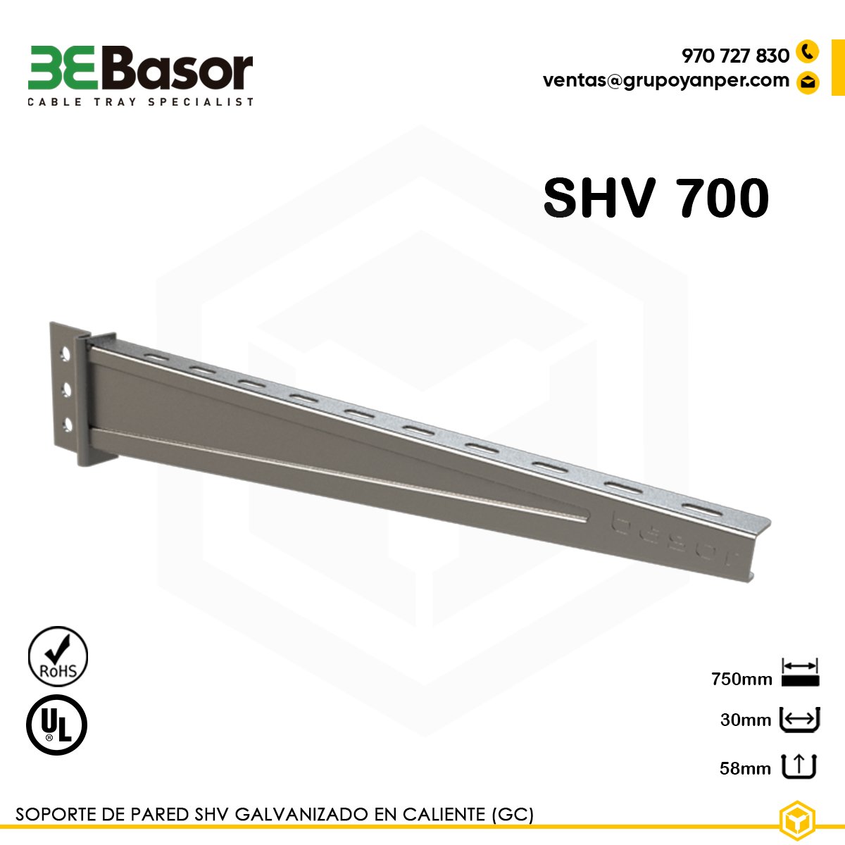 SOPORTE-SHV-700-BASOR Alt text: Soporte pared SHV 700 GC Ref. 206276, acero galvanizado en caliente, longitud 750 mm, perfil ranurado 41×41 mm.