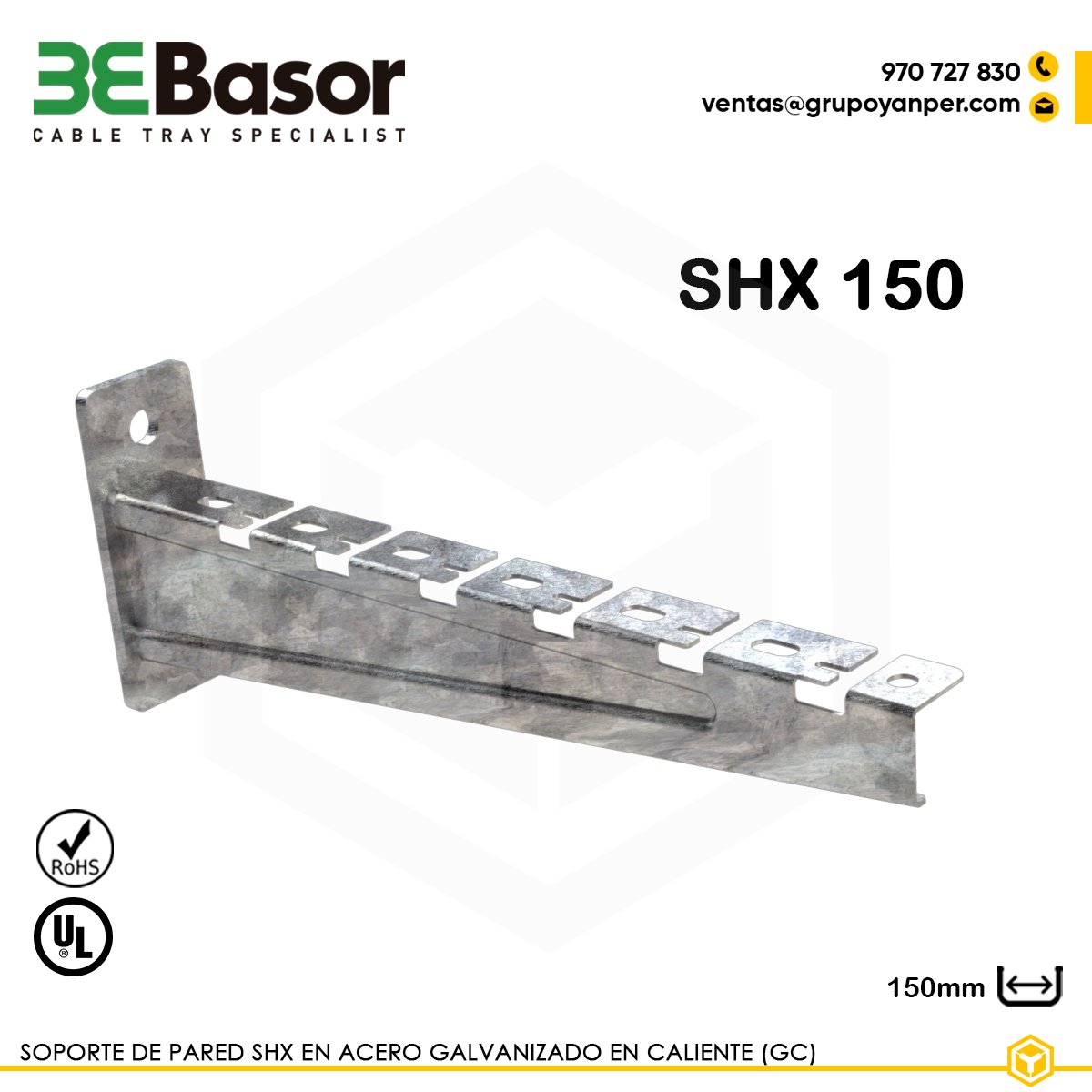 SOPORTE-SHX-150-BASOR Alt text: Soporte pared SHX150 GC Ref. 225732, en acero galvanizado en caliente, longitud 150 mm, para fijación mural de bandejas portacables.