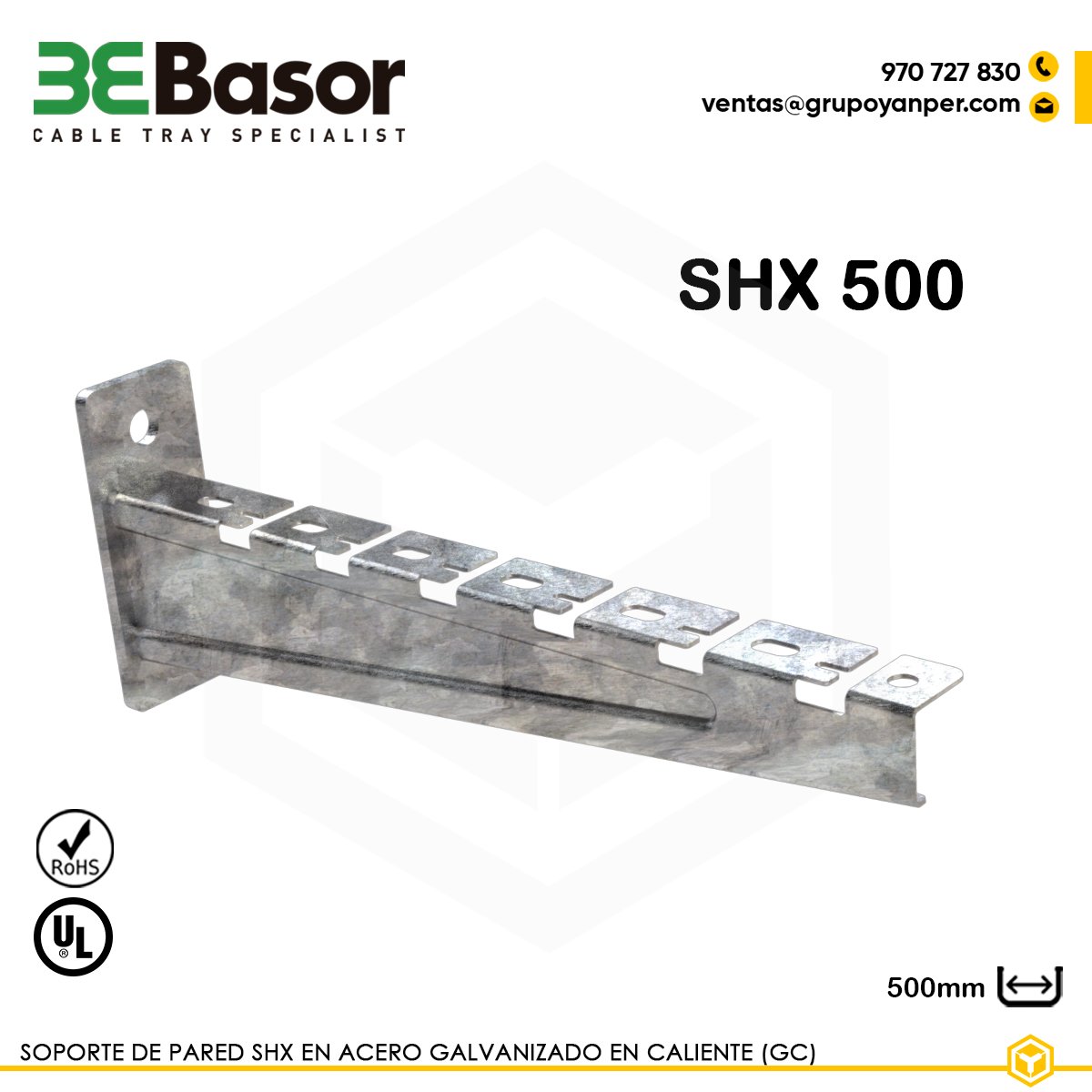 SOPORTE-SHX-500-BASOR Alt text: Soporte pared SHX500 GC Ref. 225736, acero galvanizado en caliente, longitud 500 mm, diseñado para fijación mural robusta.