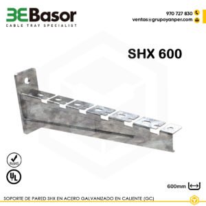 Alt text: Soporte pared SHX600 GC Ref. 225737, acero galvanizado en caliente, longitud 600 mm, ideal para fijación mural de bandejas portacables.
