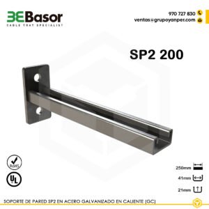 Alt text: Soporte pared SP2 200 GC Ref. 208779, en acero galvanizado en caliente, longitud 250 mm, diseñado para fijación mural de bandejas portacables.
