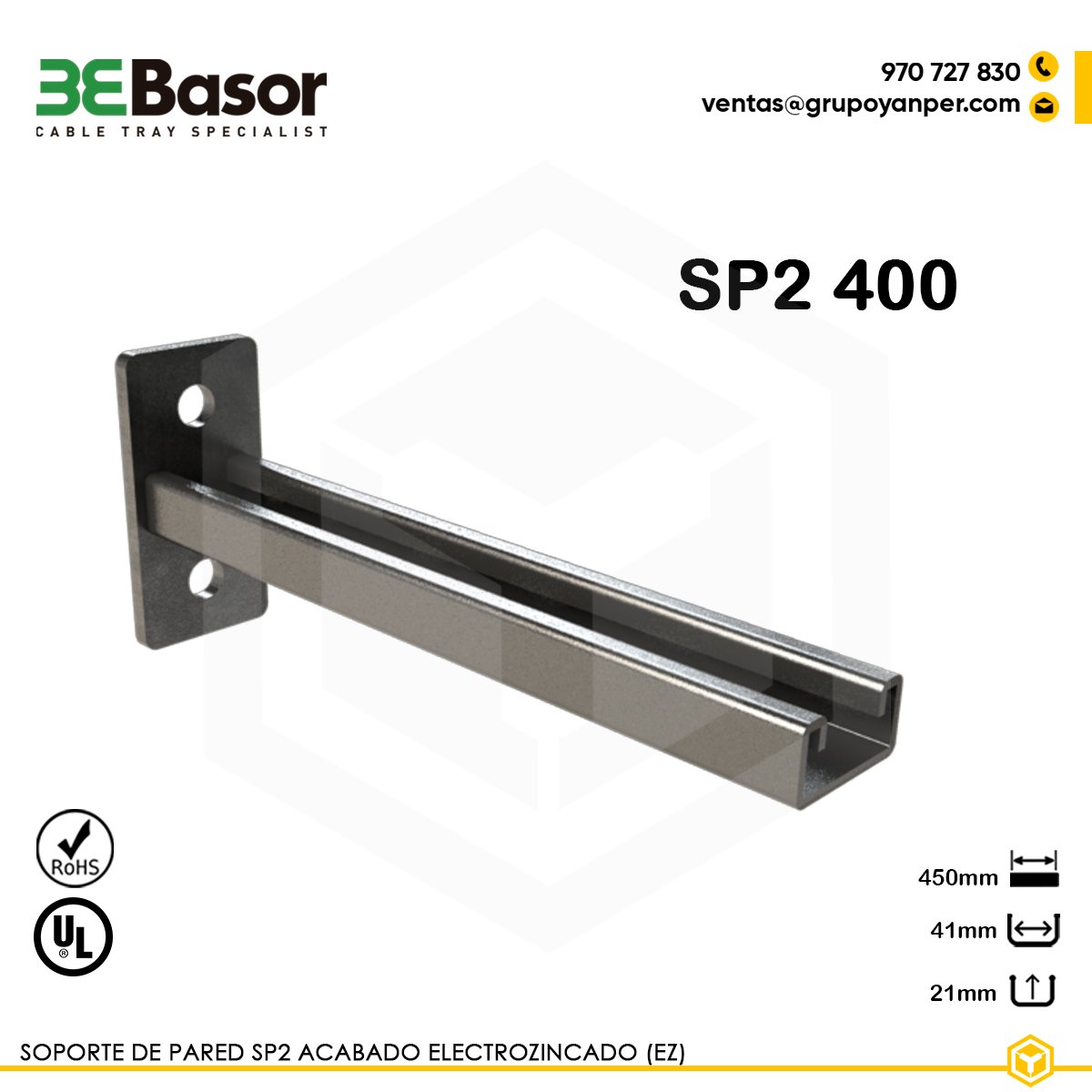 SOPORTE-SP2-400-EZ-BASOR Alt text: Soporte SP2 400 EZ Ref. 225373, longitud 450 mm, acabado EZ.