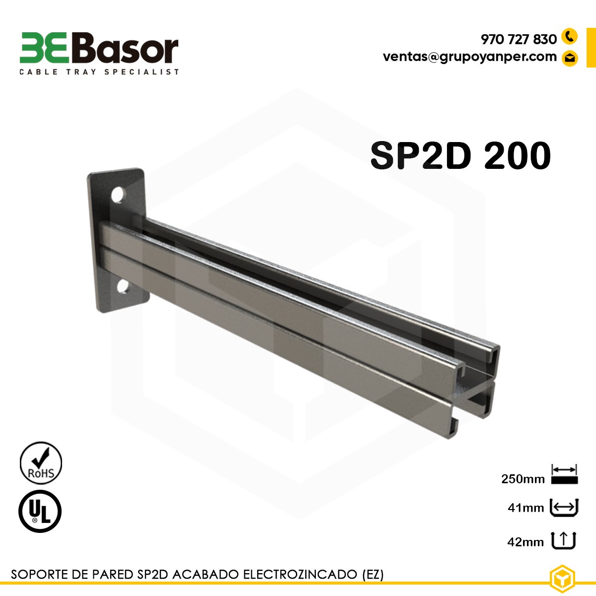 SOPORTE-SP2D-200-BASOR Soporte pared SP2D 200 GC Ref. 208781, soporte mural en acero galvanizado en caliente (GC), ancho 41 mm, alto 42 mm, longitud 250 mm, para fijación de bandejas portacables.