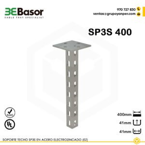 Soporte techo SP3S 400 EZ Ref. 218658, perfil 41 × 41 mm en acero electrozincado (EZ), longitud 450 mm, diseñado para fijación suspendida de bandejas portacables.