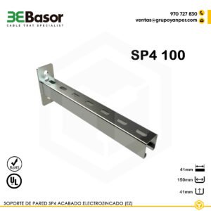 Soporte pared SP4 100 EZ Ref. 225374, soporte mural en acero electrozincado (EZ) con longitud de 150 mm, diseñado para fijar bandejas portacables con protección anticorrosiva y resistencia estructural.