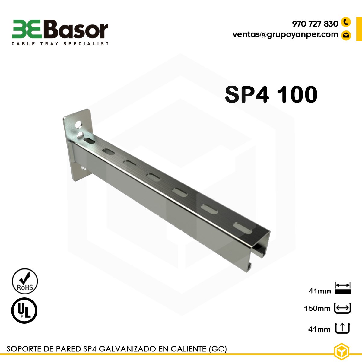 SOPORTE-SP4-100-GC-BASOR Soporte pared SP4 100 GC Ref. 206495, soporte mural en acero galvanizado en caliente (GC) con longitud de 150 mm, diseñado para fijación de bandejas portacables con alta resistencia y protección anticorrosiva.
