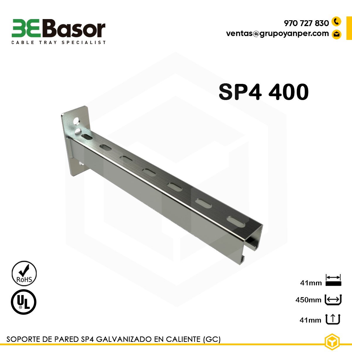 SOPORTE-SP4-400-GC-BASOR Alt text: Soporte pared SP4 400 GC Ref. 201036, en acero galvanizado en caliente, longitud 450 mm, diseñado para fijación mural de bandejas portacables.