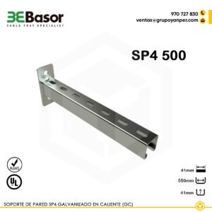 Alt text: Soporte pared SP4 500 GC Ref. 201037, en acero galvanizado en caliente, longitud 550 mm, diseñado para fijación mural de bandejas portacables.