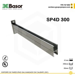 Alt text: Soporte pared SP4D 300 GC Ref. 206251, acero galvanizado en caliente, longitud 350 mm, perfil reforzado 41×82 mm para bandejas portacables pesadas.
