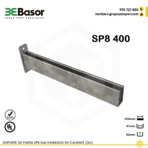Soporte pared SP8 400 GC Ref. 209559, soporte mural reforzado en acero galvanizado en caliente (GC), longitud 400 mm, diseñado para fijación de bandejas portacables de gran capacidad.