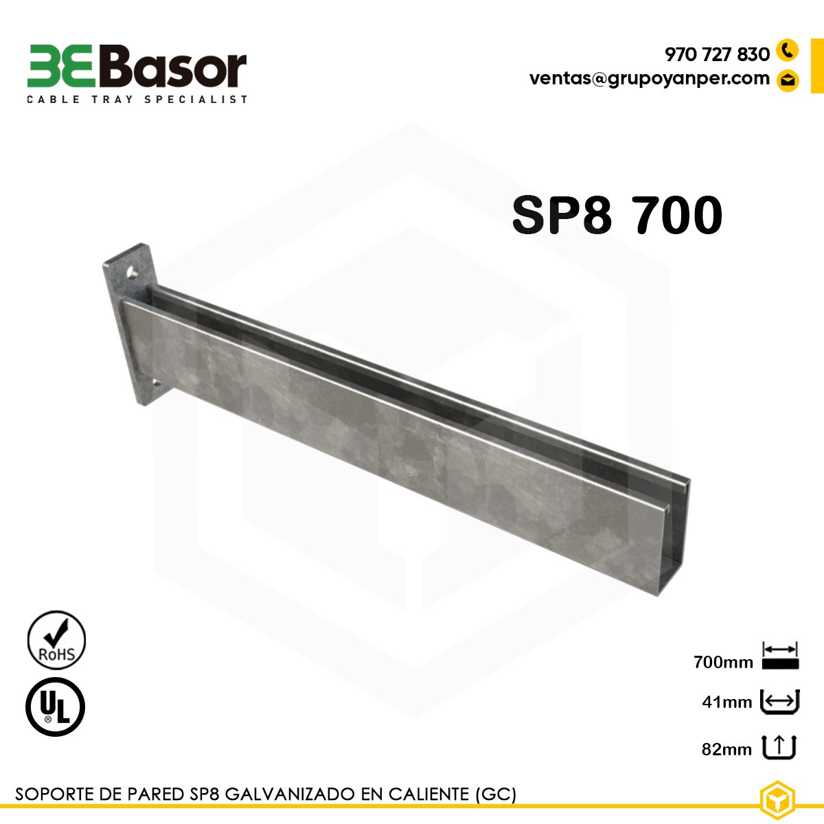 SOPORTE-SP8-700-GC-BASOR Alt text: Soporte pared SP8 700 GC Ref. 209562, acero galvanizado en caliente, longitud 700 mm, para fijación mural reforzada.
