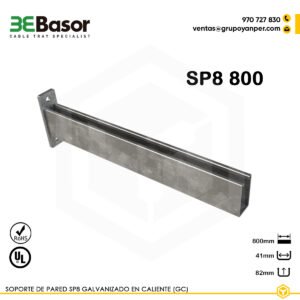 Alt text: Soporte pared SP8 800 GC Ref. 209563, en acero galvanizado en caliente, longitud 800 mm, reforzado para bandejas portacables.