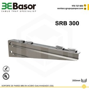 Alt text: Soporte pared SRB300 GS Ref. 206375, en acero galvanizado, longitud 350 mm, diseñado para fijación mural de bandejas portacables.
