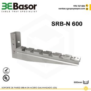 Alt text: Soporte pared SRB-N600 GS Ref. 223763, en acero galvanizado, longitud 600 mm, diseñado para fijación mural de bandejas portacables con encaje rápido.