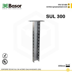 Alt text: Soporte techo SUL 300 GC Ref. 204519, acero galvanizado en caliente, longitud 300 mm, diseñado para fijación suspendida de bandejas portacables.