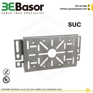 Soporte universal caja SUC GS Ref. 200358, accesorio en acero galvanizado (GS) para montaje de cajas eléctricas sobre bandeja rejilla, peso aproximado: 0,28 kg/m.
