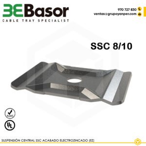 Suspensión central SSC 8/10 EZ 202064 para bandeja rejilla BASORFIL, accesorio en electrozincado (EZ) con peso de 0,0275 kg/m, ideal para fijaciones desde el techo o estructuras superiores.