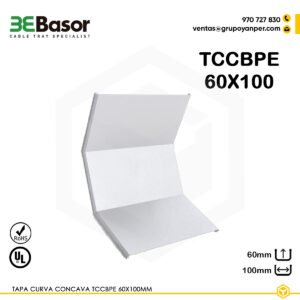 Tapa curva cóncava TCCBPE 60×100 mm Ref. 210111, tapa en PVC M1 UV para curva cóncava de bandeja exterior, diseñada para ancho 100 mm y altura 60 mm.