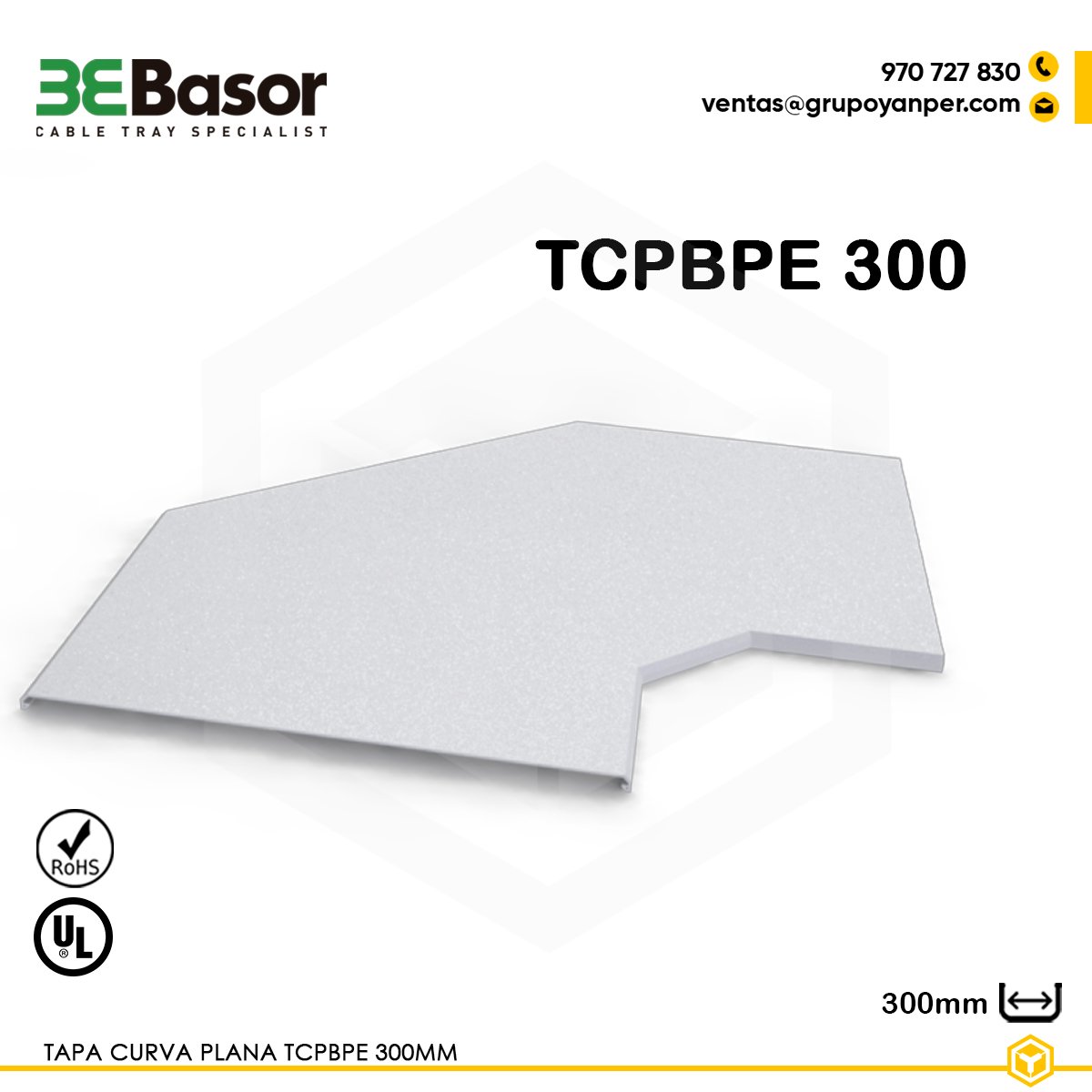 TAPA-CURVA-PLANA-TCPBPE-300-BASOR Alt text: Tapa curva plana TCPBPE 300 mm Ref. 210100, cubierta en PVC M1 UV para curva plana de bandeja exterior.