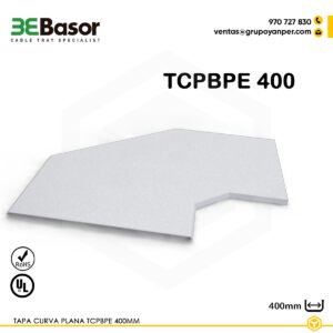 Alt text: Tapa curva plana TCPBPE 400 mm Ref. 210101, cubierta en PVC M1 UV para curva plana de bandeja exterior.