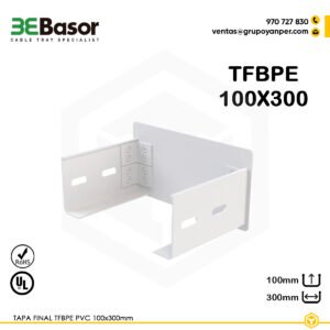 Alt text: Tapa final TFBPE PVC 100×300 mm Ref. 223028 en PVC M1 UV, cierre de bandeja ancha.