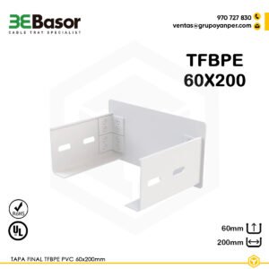 Alt text: Tapa final TFBPE PVC 60×200 mm Ref. 223025, cubierta de cierre para bandeja exterior de 200 mm.